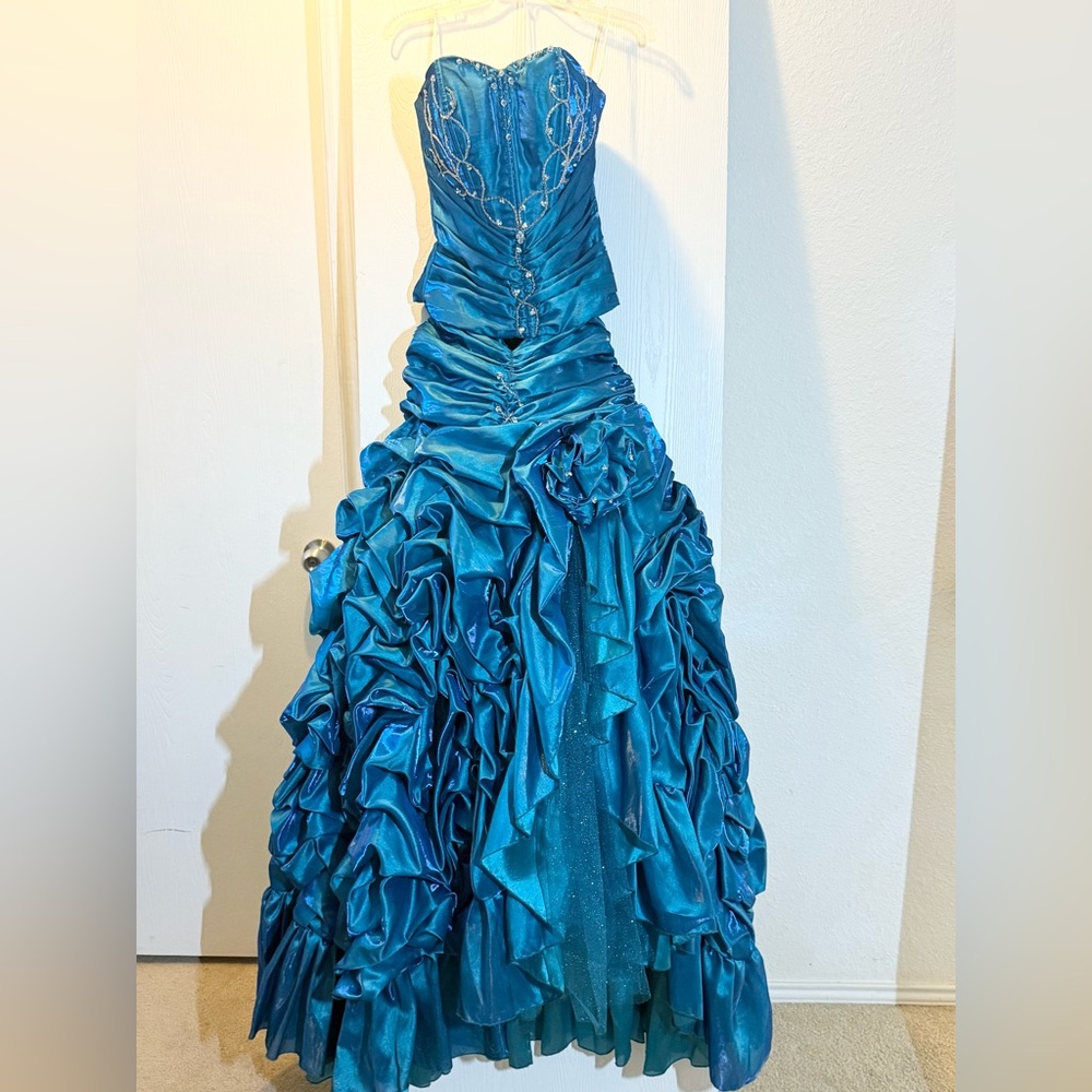 Teal Ruched Ball Gown Dress S